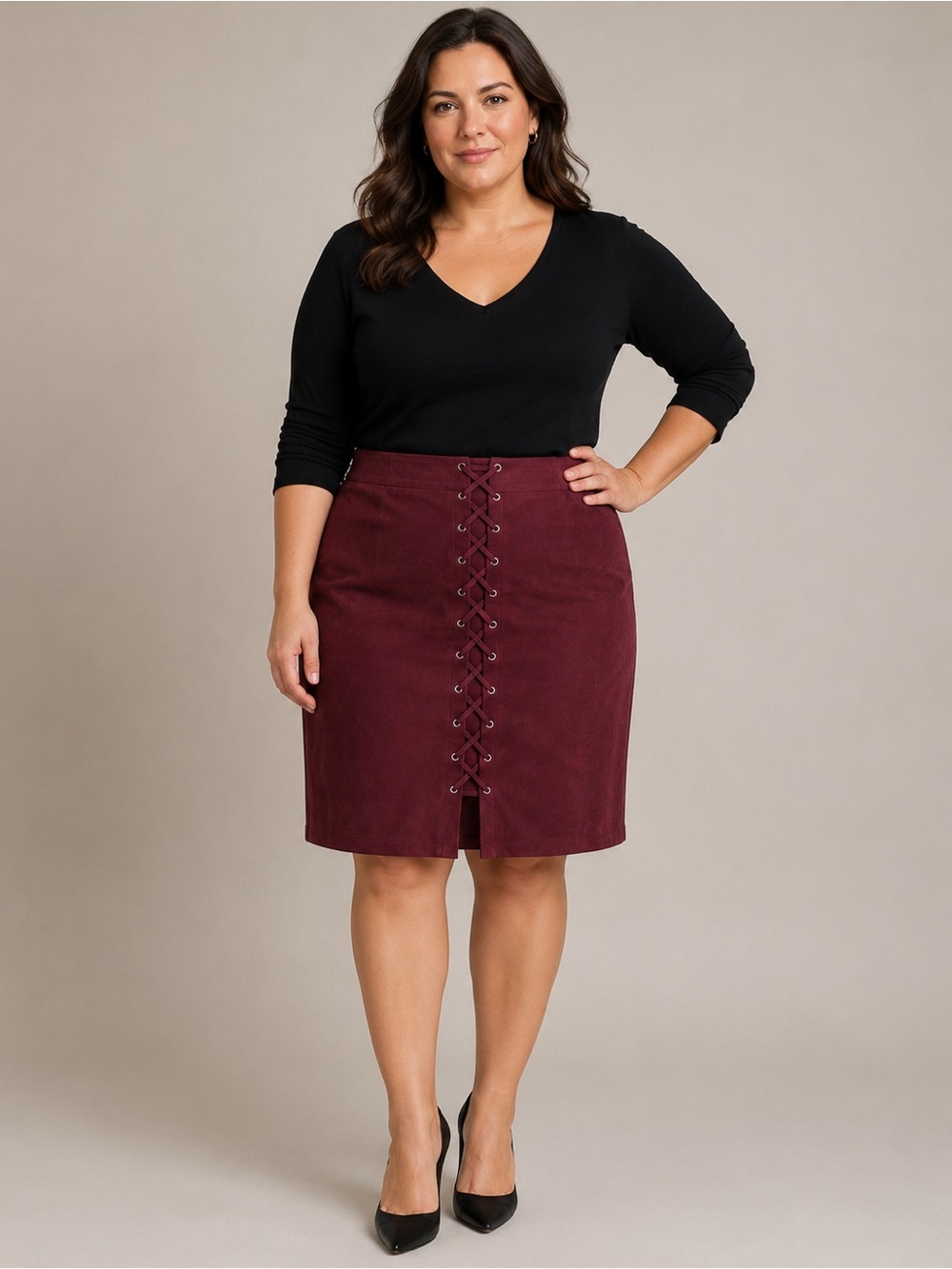 Fashion To Figure Faux Suede Wine Lace Up Skirt 0x